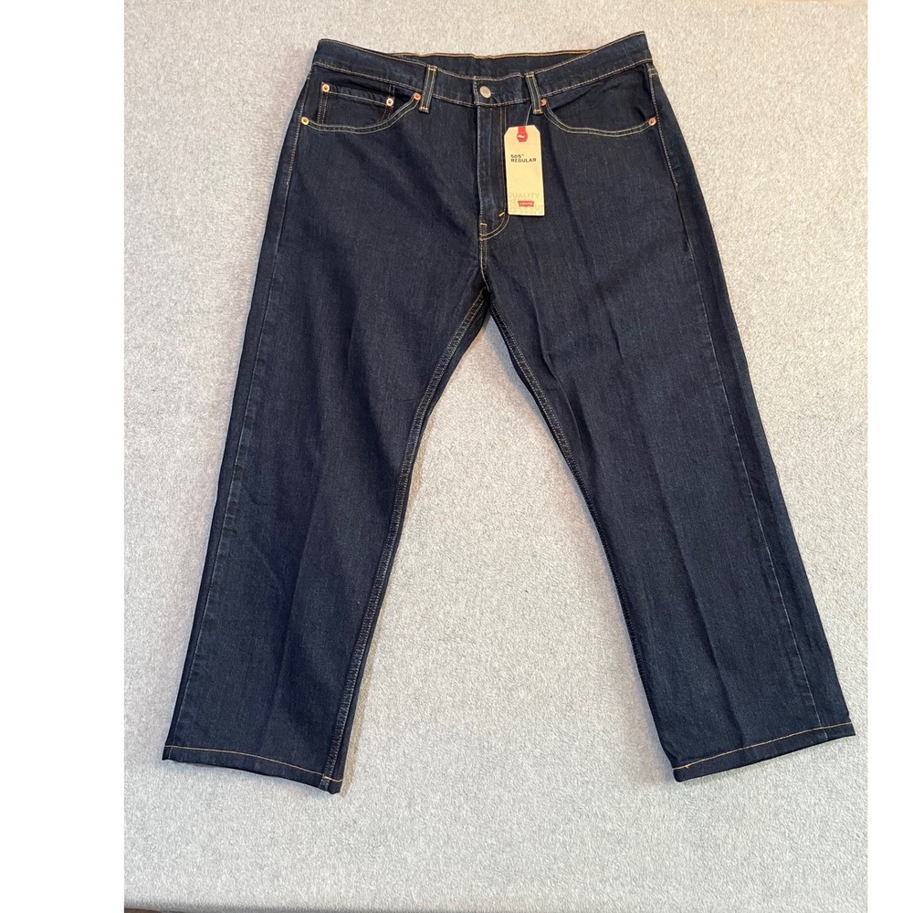 Levis 505 Regular Fit Dark Indigo Straight Leg Jeans Mens 36x26 Hemmed NWT